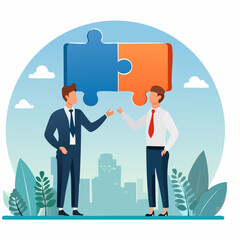 Conversation or communication for success, meeting discussion to get answer or solution, working together, partnership or collaboration concept, business people talk with speech bubble jigsaw connec
