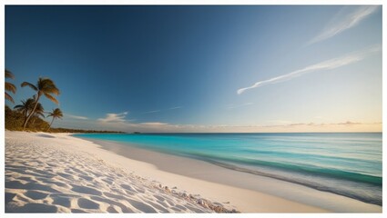 white sand sea palm trees blue sky