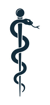Asclepius rod symbol icon featuring snake wrapped around staff, used in healthcare and medical designs, isolated on white background, also known as rod of aesculapius or traditional healing emblem

