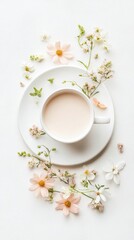 Cup with dessert drink and flowers arranged on plate. White background suggests gluten free low carb concept.