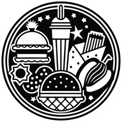 Fast Food Icon Set in Black and White – Burger, Drinks, Desserts, Pizza, and Snacks Vector