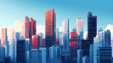 Obraz premium Vibrant City Skyline with Skyscrapers Under Bright Blue Sky and Soft Clouds at Sunset