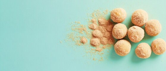 Small Balls of Sweet Food Lying Next to Powder Against a Light Blue Surface. Concept for Gluten free and Low carb Desserts.
