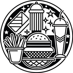 Fast Food Icon Set in Black and White – Burger, Drinks, Desserts, Pizza, and Snacks Vector