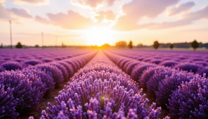 Obraz premium Breathtaking lavender field sunset, a captivating display of nature's colors in full bloom