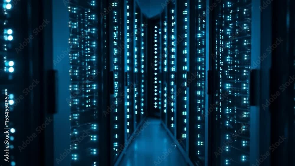Poster glowing blue computer servers in data center