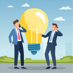 Communicate idea, advice or solution, good communication skill for business success, brainstorm or discuss in meeting concept, smart businessman talk to colleague on phone line with lightbulb symbo
