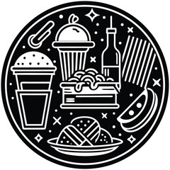 Fast Food Icon Set in Black and White – Burger, Drinks, Desserts, Pizza, and Snacks Vector