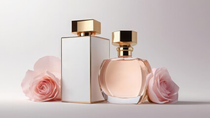 perfumes on a gray background pink roses