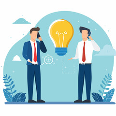 Communicate idea, advice or solution, good communication skill for business success, brainstorm or discuss in meeting concept, smart businessman talk to colleague on phone line with lightbulb symbo