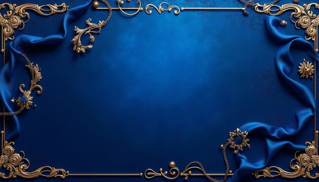 Blue Background with Golden Ornament and Silk Drape