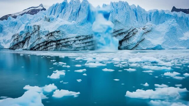 Glacier calving into frigid waters, mountains background