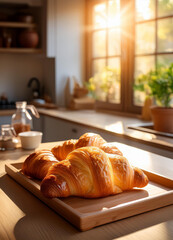 kitchen countertop with freshly croissant, sunny morning breakfast 