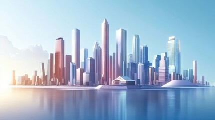 Fototapeta premium Modern city skyline with futuristic buildings and reflective water under clear sky during daytime
