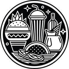 Fast Food Icon Set in Black and White – Burger, Drinks, Desserts, Pizza, and Snacks Vector