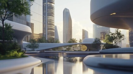 Fototapeta premium Modern Urban Landscape with Futuristic Skyscrapers and Serene Reflections in Water at Sunrise