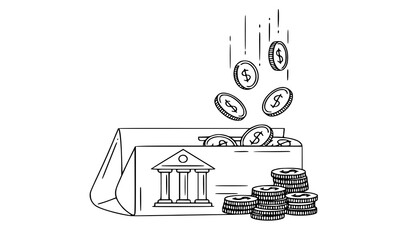 Fototapeta premium Illustration of Money Pouring into a Bank, Signifying Wealth Accumulation and Financial Growth in a Simple Line Art Style