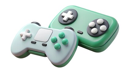 Modern 3d render of two playful green and blue video game controllers isolated on white background