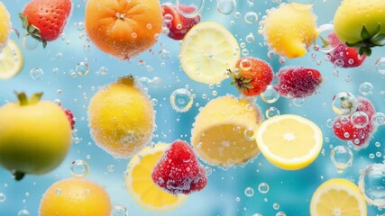 Vibrant fruits like lemons and strawberries float in bubbly water. Captured in a dynamic, close-up angle, perfect for a refreshing video concept. Live desktop wallpaper. - Powered by Adobe