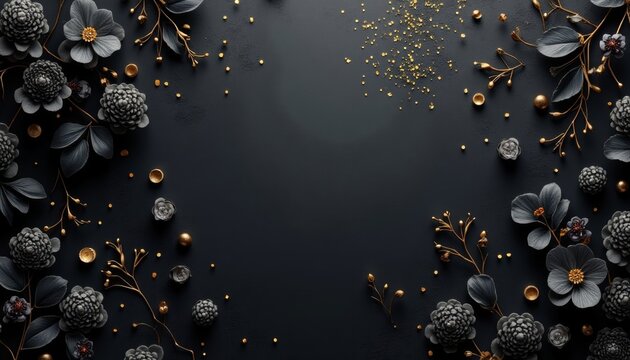 Flower and Gold Arrangement on Black Background