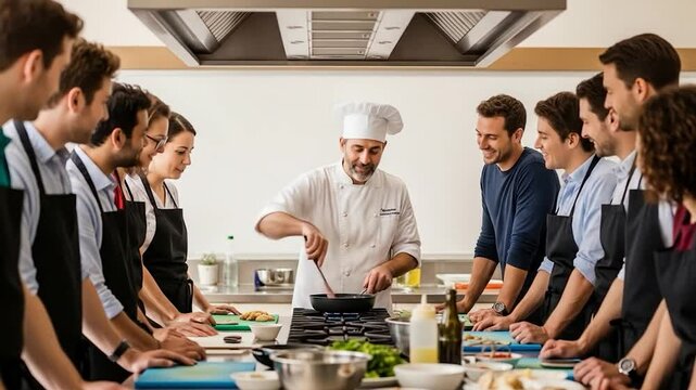Group cooking class in a bright kitchen
