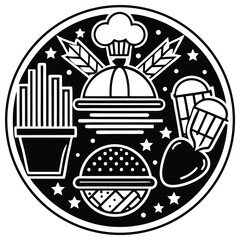 Fast Food Icon Set in Black and White – Burger, Drinks, Desserts, Pizza, and Snacks Vector