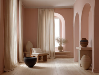 Japandi interior with soft clay pink walls, linen drapes, blonde wood flooring, organic shapes, and handmade ceramic accents