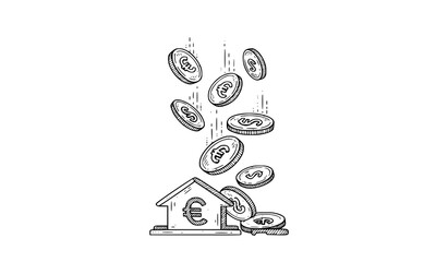 Obraz premium A conceptual illustration of a house with Euro coins falling, symbolizing financial growth and investment opportunities in real estate.
