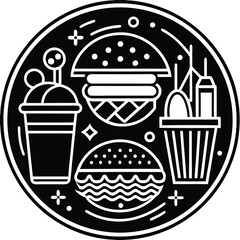 Fast Food Icon Set in Black and White – Burger, Drinks, Desserts, Pizza, and Snacks Vector