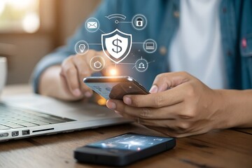 Secure online payment concept showing a businessman authenticating a digital credit card transaction, highlighting fintech innovation, financial security, encryption, and global ecommerce trends