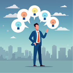 Too many thinking ideas, overwhelmed issues or busy problem to be solved, contemplation solutions for troble, concerned or anxiety concept, businessman thinking with many thinking bubble