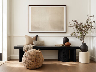 Japandi entryway in blackened wood and ivory tones, stone bench, abstract neutral artwork, handmade woven basket