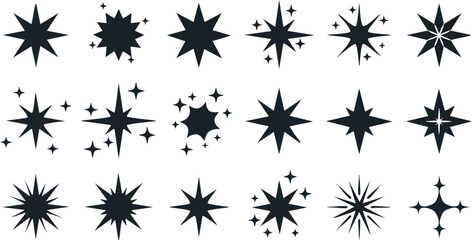 Vintage star shapes set with diverse black silhouettes vector illustration collection 