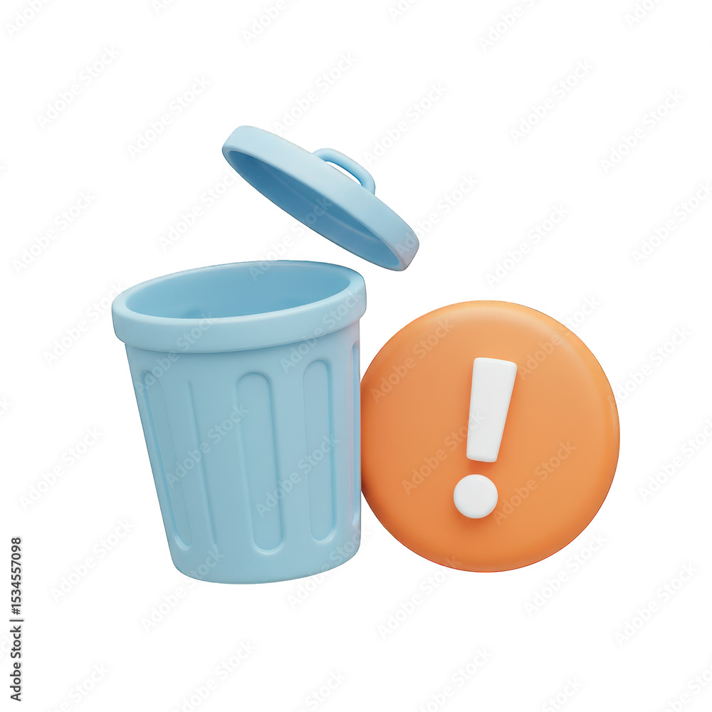 Poster 3d render trash can with exclamation mark isolated on transparent background