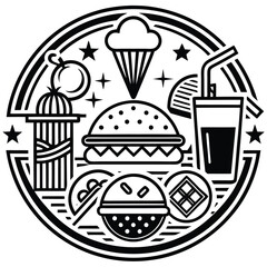 Fast Food Icon Set in Black and White – Burger, Drinks, Desserts, Pizza, and Snacks Vector