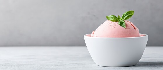 Pink dessert scoop in white bowl topped with basil. Gluten free low carb treat on gray surface.