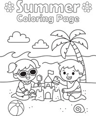 Summer coloring page with kids playing in the sand and building a sandcastle. Great for classroom printables, summer camp, or beach-themed fun.