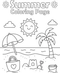 Beach scene summer coloring page with umbrella, palm tree, and beach toys. Perfect for fun seasonal printables and educational activities.