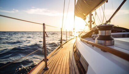 Golden sunset on a sailboat deck, tranquil ocean views and nautical serenity