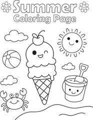 Summer coloring page with ice cream, smiling sun, beach ball, crab, and cute bucket. Fun worksheet for kids and seasonal classroom themes.