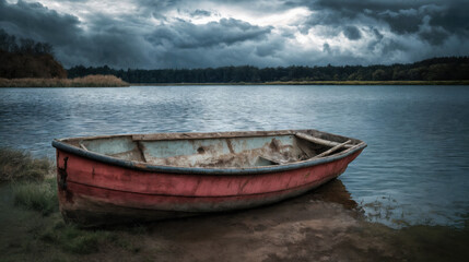 An abandoned rowboat on a beautiful lake. Landscape. Clouds and a shoreline in the background. 
