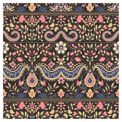 Seamless folk paisley and floral stripe pattern in blush, cream, and navy on a dark background. Perfect for boho clothing, cushion covers, shawls, bedding, and decorative home textiles. © Artist Protap