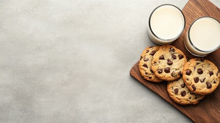 Cookies with Chocolate Chips and Two Glasses with Milk on Wooden Board. Gluten free low carb desserts concept.