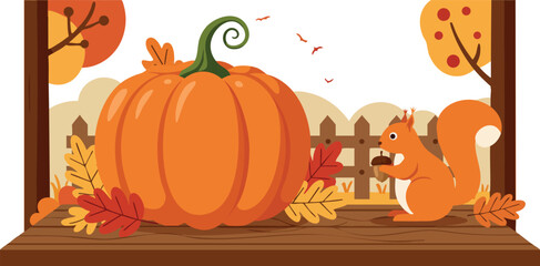Pumpkin and Squirrel on Window Ledge with Autumn Leaves and Fence Background 