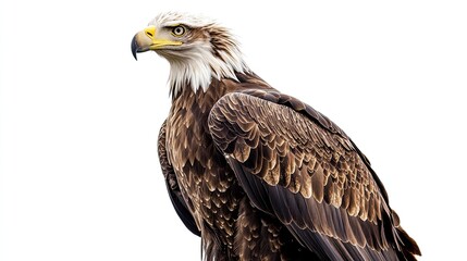 Obraz premium A majestic white-tailed eagle perched with its strong wings folded neatly and its fierce eyes focused on the blank white backdrop