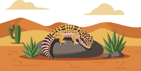 Leopard gecko resting on rock in desert landscape with cactus and mountains illustration 