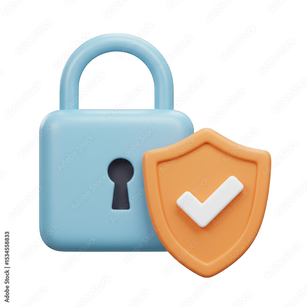 Poster 3d render padlock and shield icon isolated on transparent background