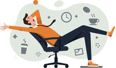 Relaxed man leaning back on office chair with casual posture and work icons around vector illustration 