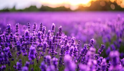 Naklejka premium Breathtaking lavender field at sunset, a tranquil landscape of purple blooms