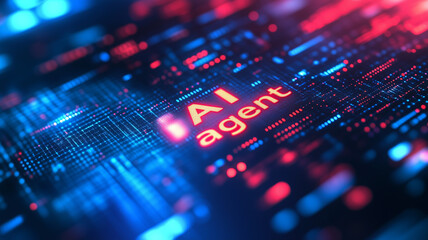 Obraz premium Abstract futuristic technology digital screen with the glowing text AI agent, floating data streams, dark blue high-tech background